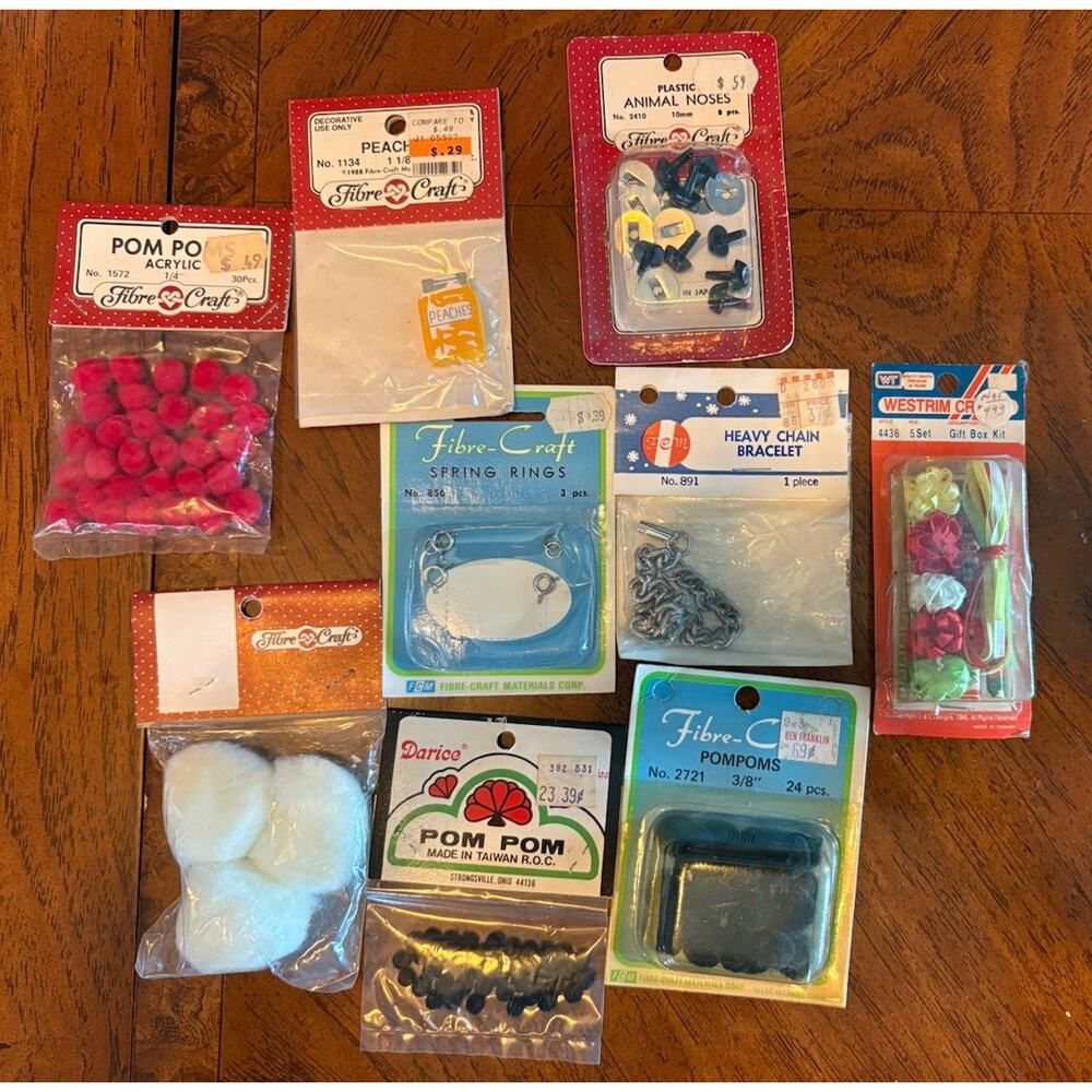 Vintage Lot Of 9 Various Craft Items/ Pom Poms ,Westrim Gift Box , Animal Nose